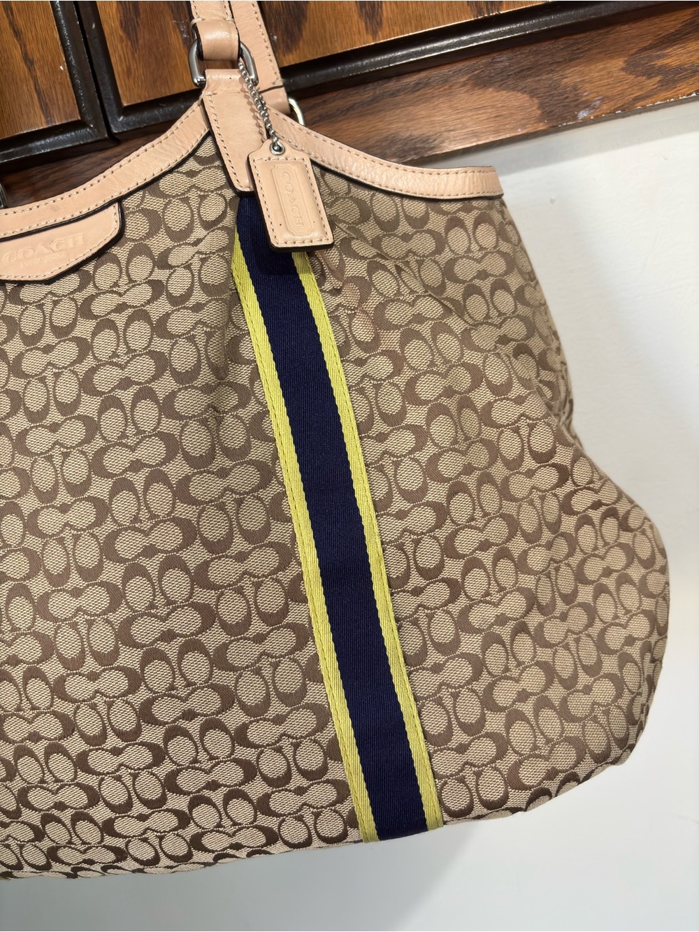 Coach Slouchy Brown Canvas Hobo Tote Purse Leather Trim Navy Yellow Stripes - Picture 2 of 16